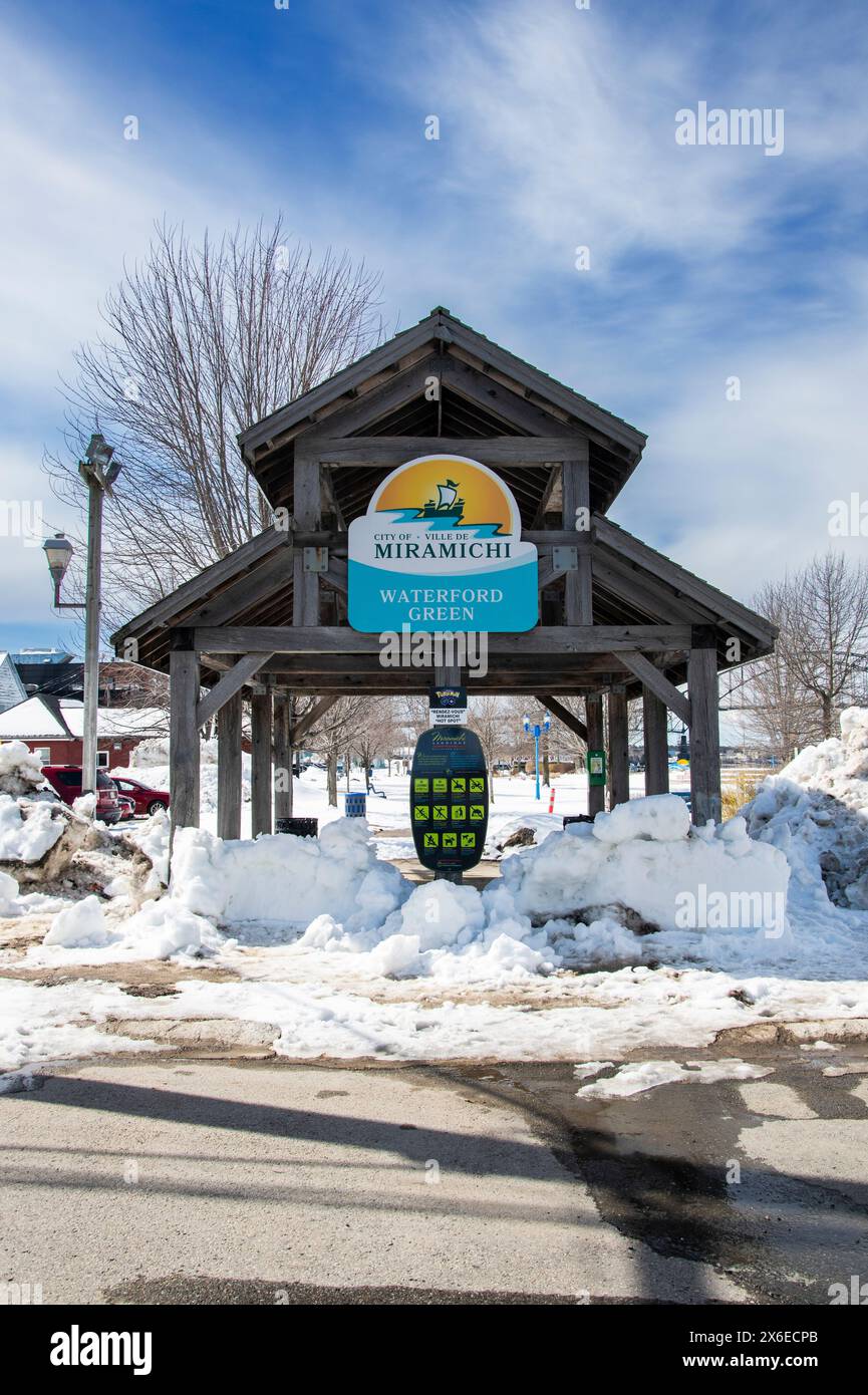 Welcome to Waterford Green park on a gazebo in Miramichi, New Brunswick, Canada Stock Photo