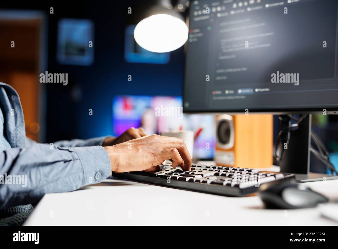 Hardware expert using software programming to ensure server security, working with binary code and html script on terminal window. IT technician engineer develops system database protection. Stock Photo