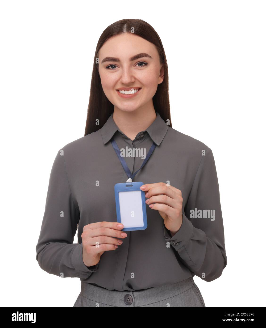 Happy woman with blank badge on white background Stock Photo - Alamy