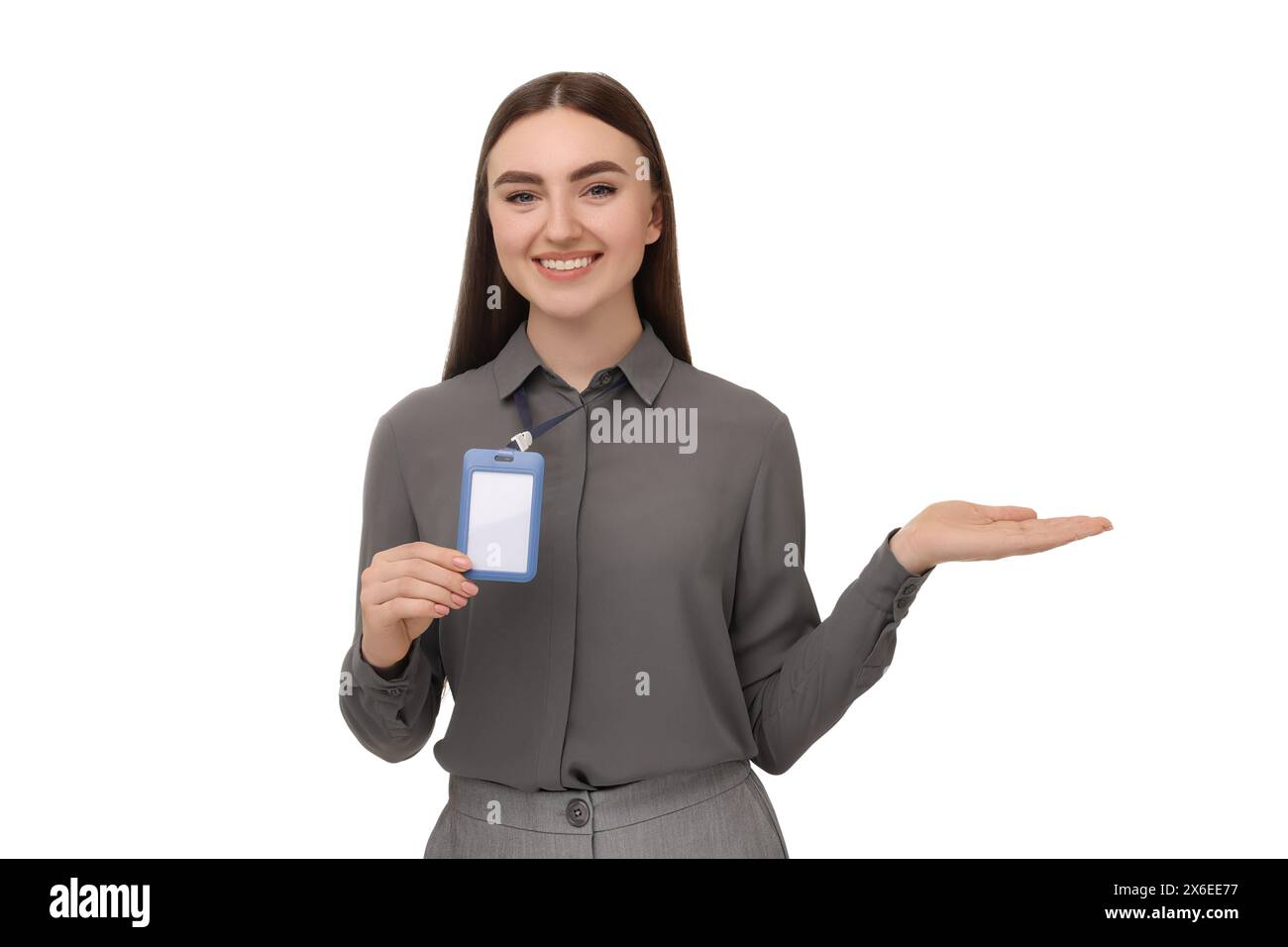 Happy woman with blank badge on white background Stock Photo - Alamy
