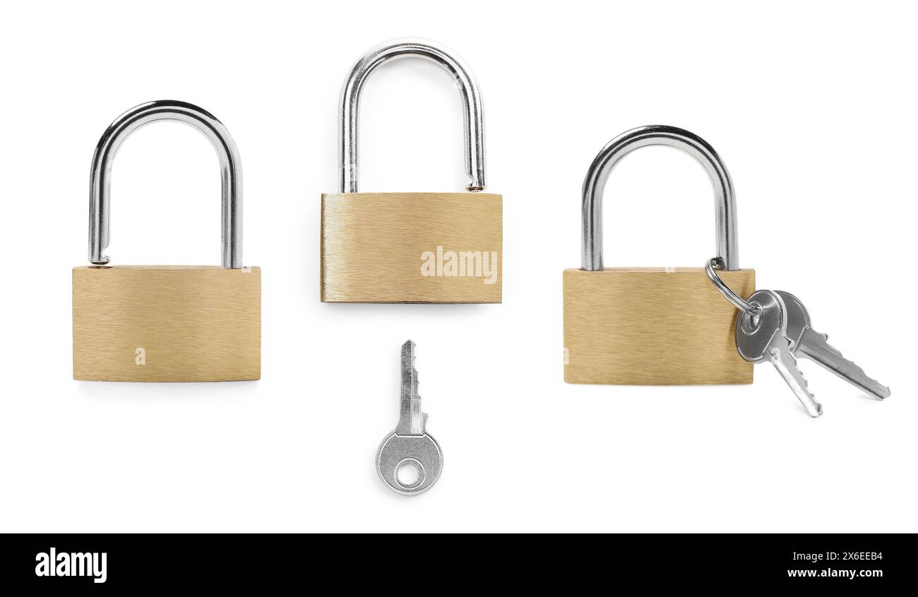 New steel padlock isolated on white, set Stock Photo - Alamy