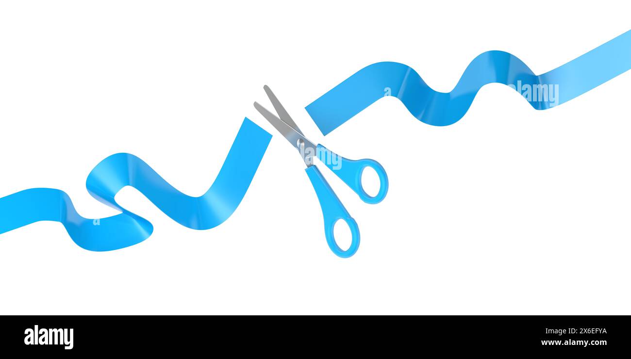 Ribbon Cutting. Grand opening ceremony. Scissors cut blue ribbon. Isolated on white background. 3d illustration. Stock Photo