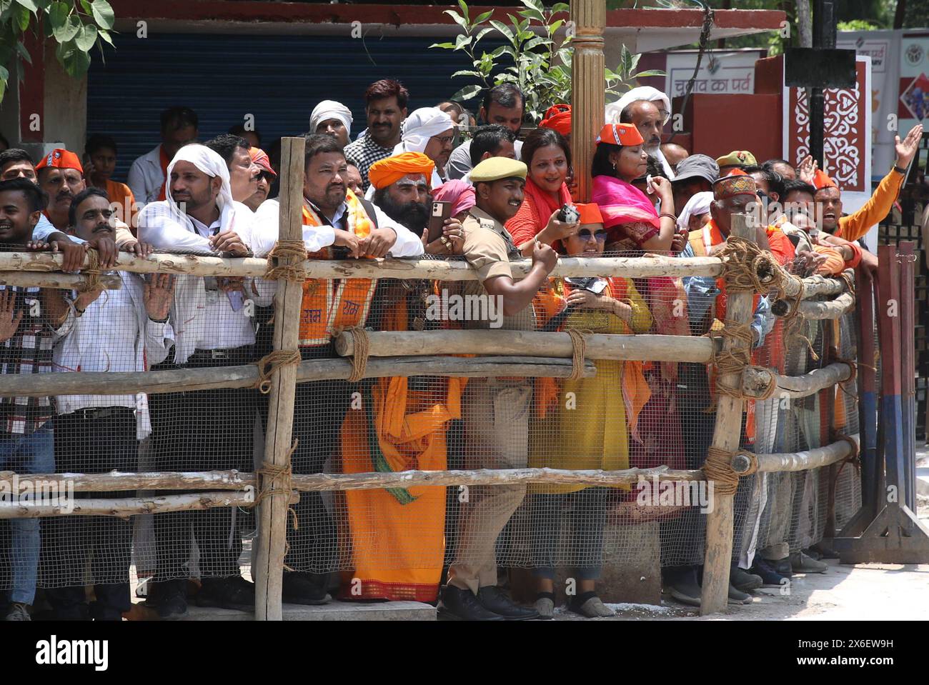 Varanasi, India. 14th May, 2024. Supporters of India's Prime Minister Narendra Modi wait for his arrival for filing his nomination papers for the general elections in Varanasi. Credit: SOPA Images Limited/Alamy Live News Stock Photo