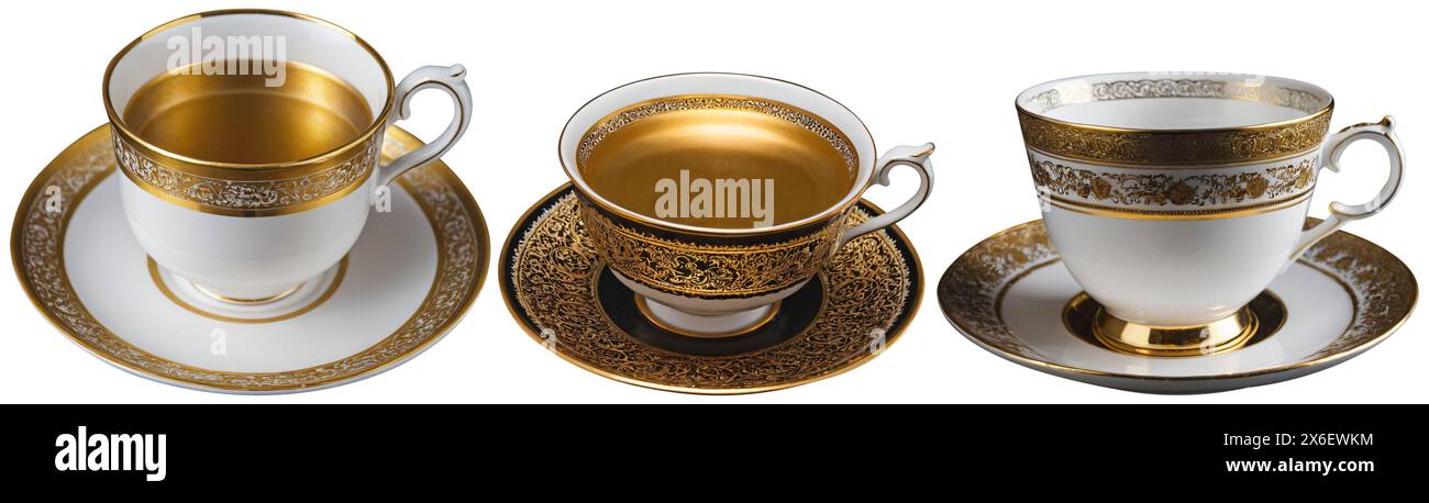 High resolution close-up of 3 beautiful antique golden ornamental tea cups with isolated on white background Stock Photo