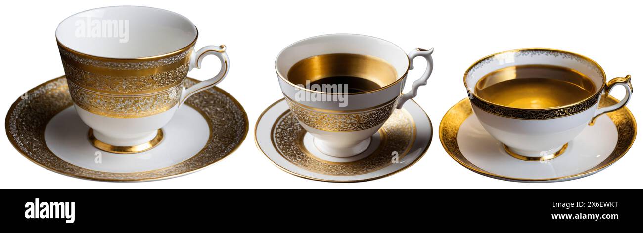 High resolution close-up of 3 beautiful antique golden ornamental tea cups with isolated on white background Stock Photo