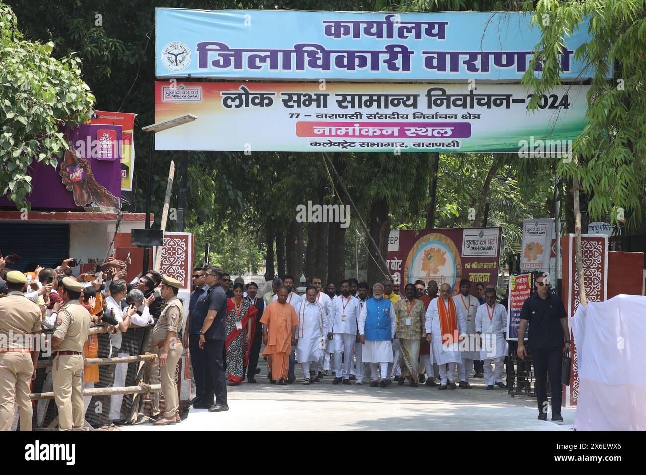 Varanasi, India. 14th May, 2024. Indian Prime Minister Narendra Modi (C) leaves accompanied by India's Home Minister Amit Shah (R) and Uttar Pradesh Chief Minister Yogi Adityanath (L) after filing his nomination papers for the general elections in Varanasi. (Photo by Prabhat Mehrotra/SOPA Images/Sipa USA) Credit: Sipa USA/Alamy Live News Stock Photo