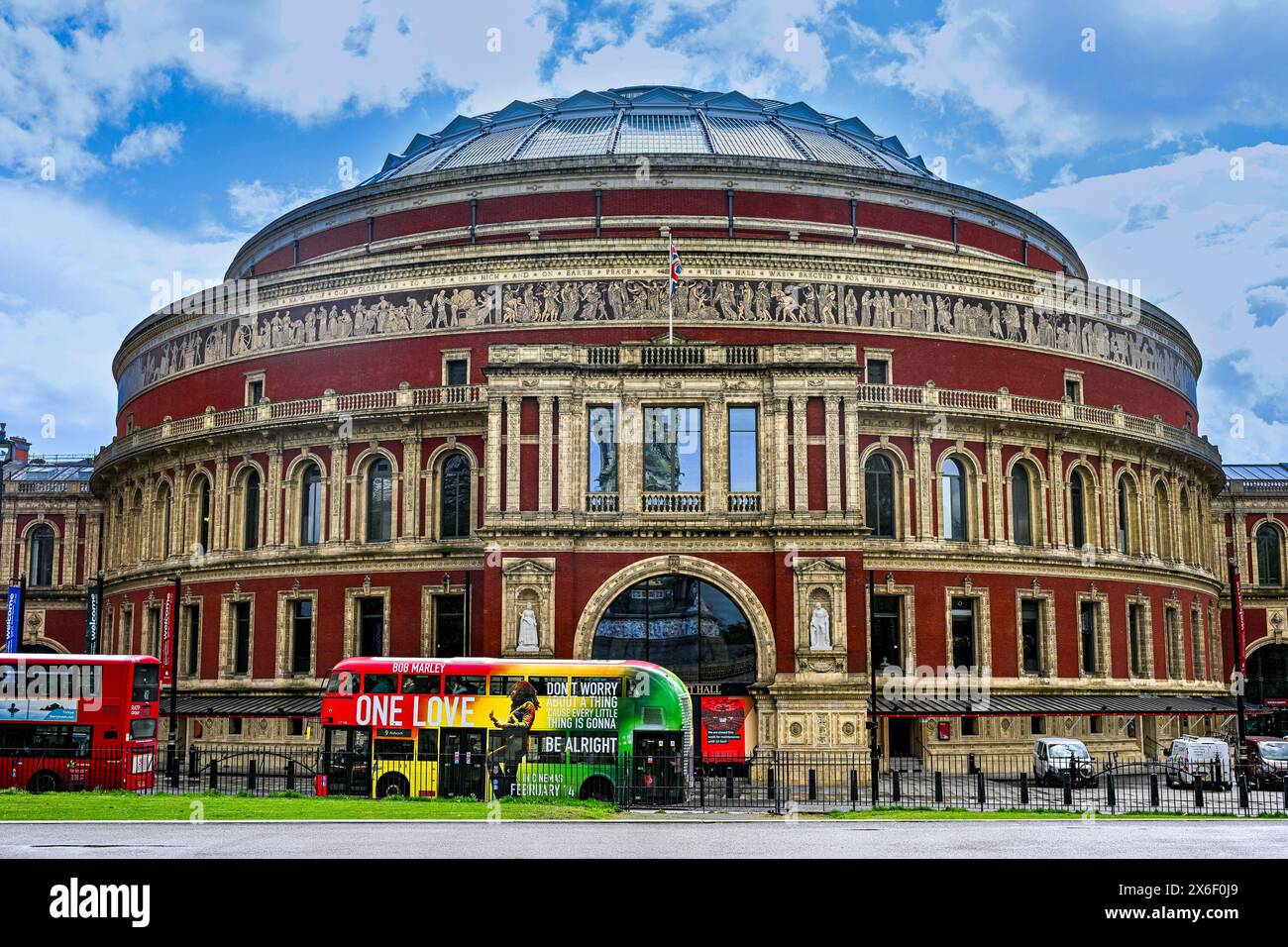 Double Decker London bus advertising Bob Marley, One Love movie, Royal Albert Hall, London, England, U.K Stock Photo
