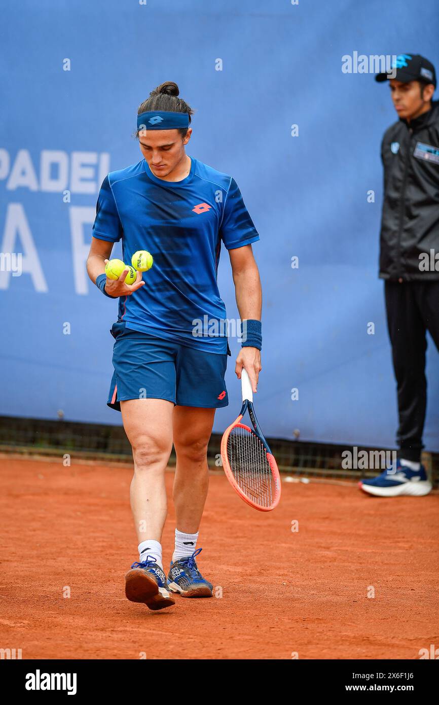 Turin, Italy, Italy. 14th May, 2024. Italy, Turin 14/05/2024.Sporting Press Club (Turin).Challenger 175 Piemonte Open Intesa Sanpaolo Tournament Qualifications.Mattia Bellucci of Italy plays against Alexis Galarneau of Canadian during the Challenger 175 Piemonte Open Intesa Sanpaolo Tournament qualifications. Final score; Mattia Bellucci of Italy 2-1 Alexis Galarneau of Canadian (Credit Image: © Tonello Abozzi/Pacific Press via ZUMA Press Wire) EDITORIAL USAGE ONLY! Not for Commercial USAGE! Stock Photo