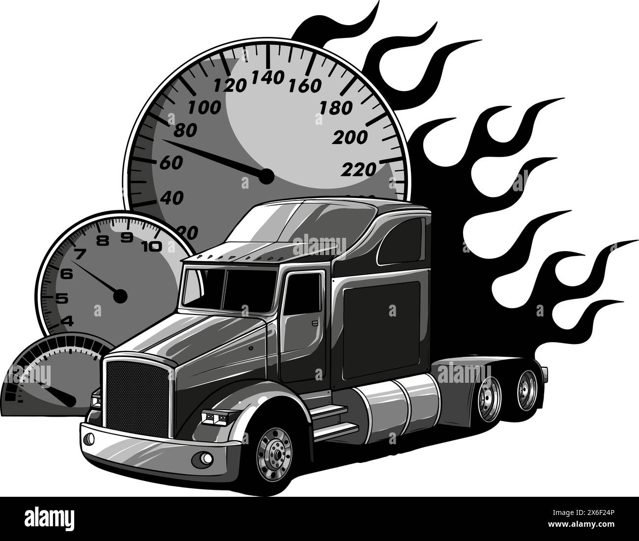 Monochrome semi truck with dashboard vector illustration on white background Stock Vector