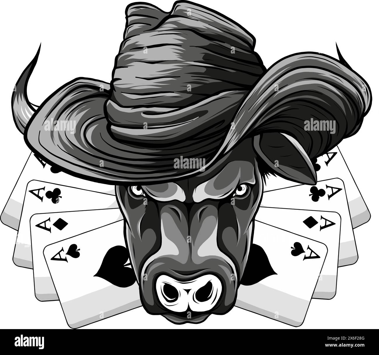 monochrome bull with cowboy hat and poker aces Stock Vector