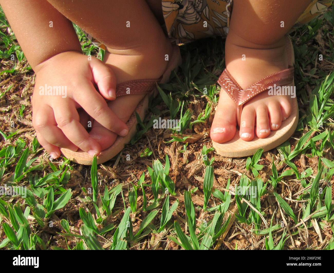 A child squats, with his feet on the green grass, wearing flip-flops ...