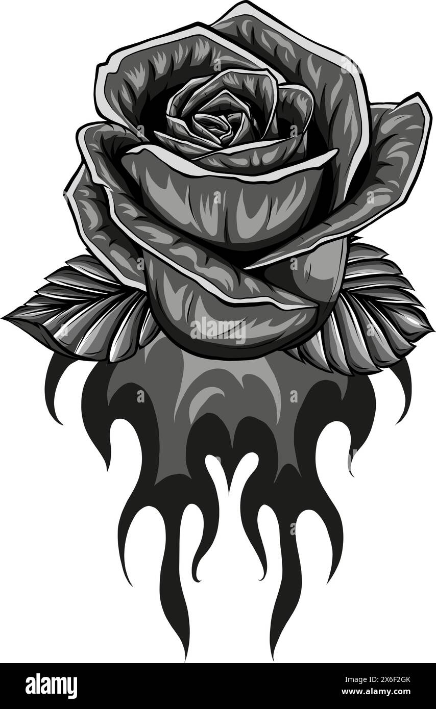 vector illustration of Monochrome rose with flames on background Stock Vector
