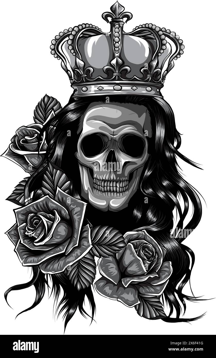 Skull of queen hand drawn illustration. Tattoo vintage print. Crown ...