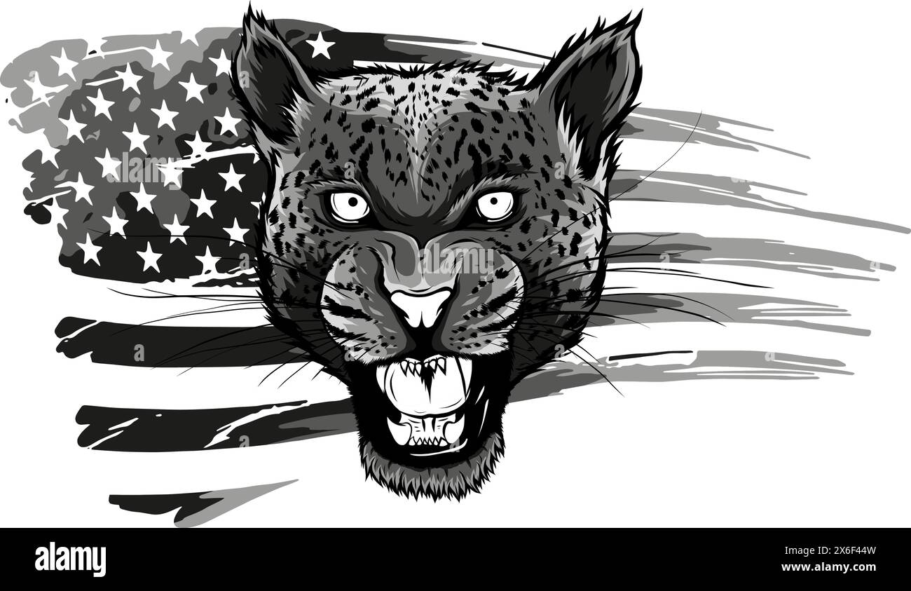 vector illustration of monochrome head leopard with american flag Stock Vector