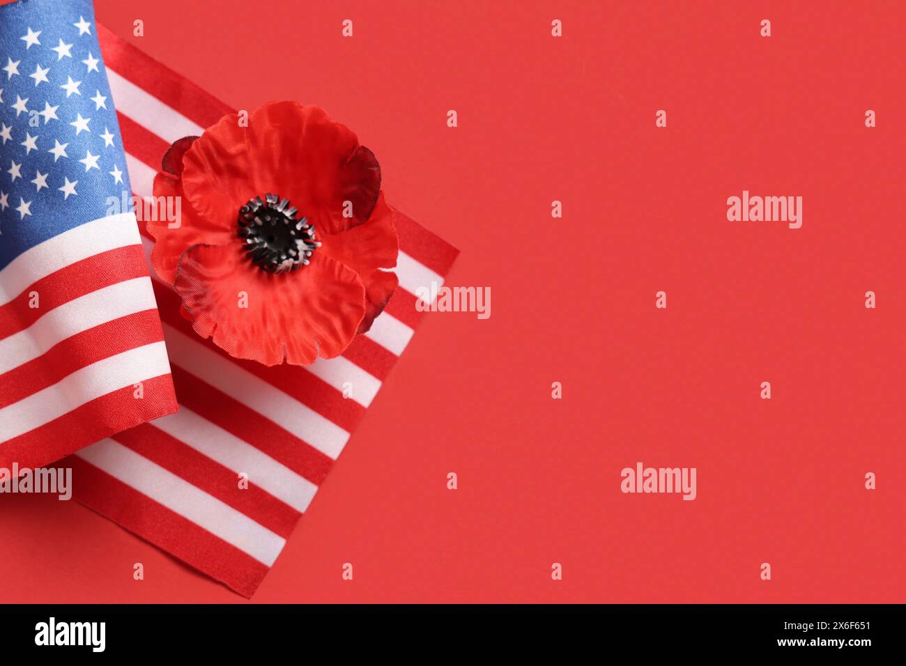 Flag of USA and poppy flower on red background. Memorial Day ...