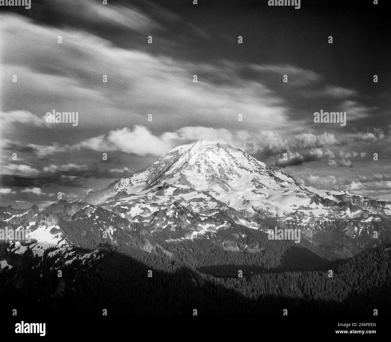 BW01861-00.....WASHINGTON - Mount Rainier viewed from Tolmie Peak Lookout, Mount Rainier National Park.  Ilford Delta 100 Film - Exposure 3min. f22 Stock Photo