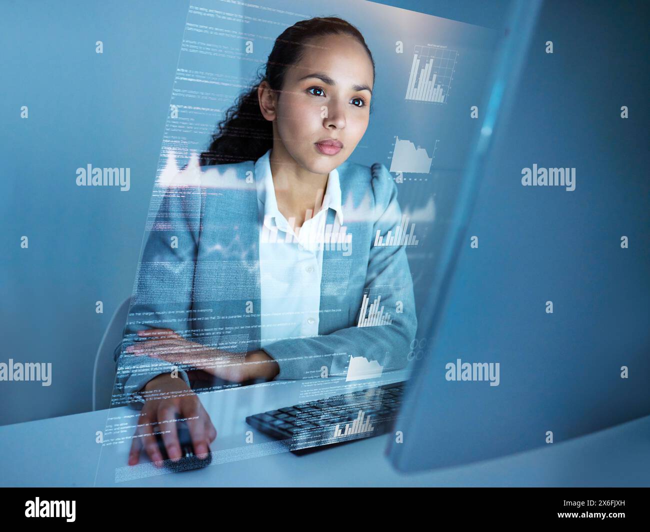 Business woman, chart and overlay in office for stock market research ...