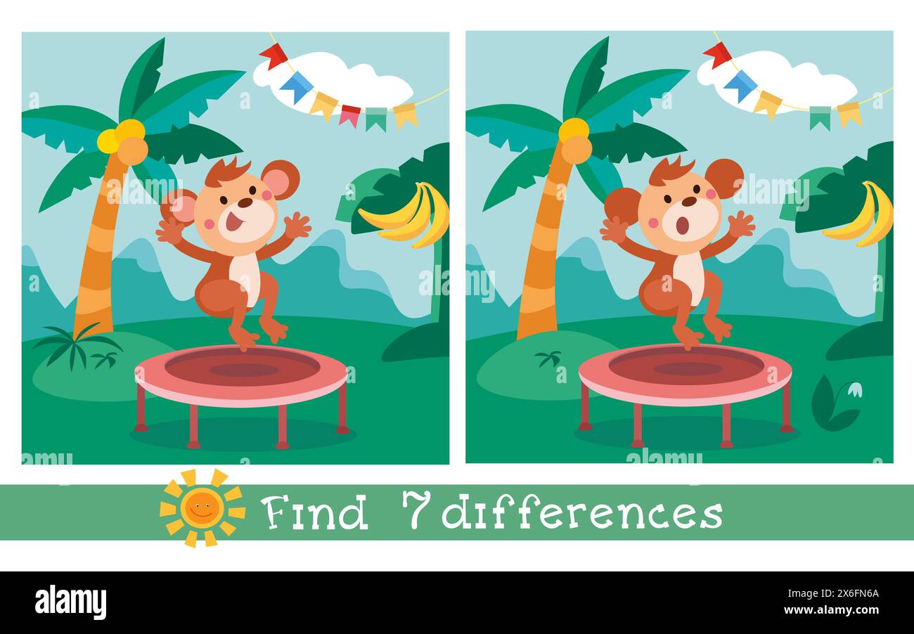 Find 7 differences. Game for children. Cute monkey jump in jungle ...