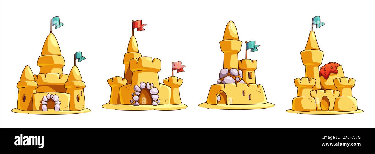 Sand castles set isolated on white background. Vector cartoon ...