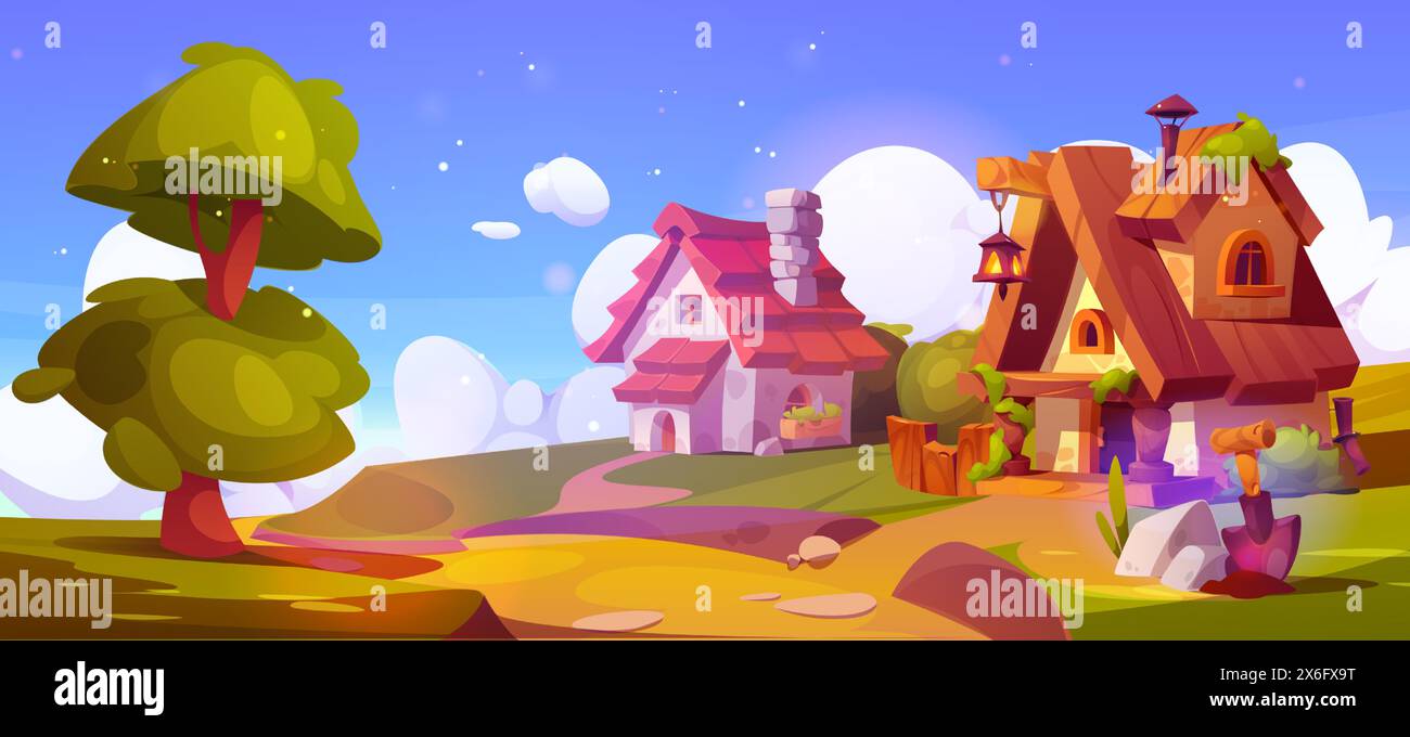 Fairytale village street on green summer landscape. Vector cartoon illustration of small gnome houses with chimneys, windows and lanterns, green lawn, old tree and green bushes, clouds in blue sky Stock Vector