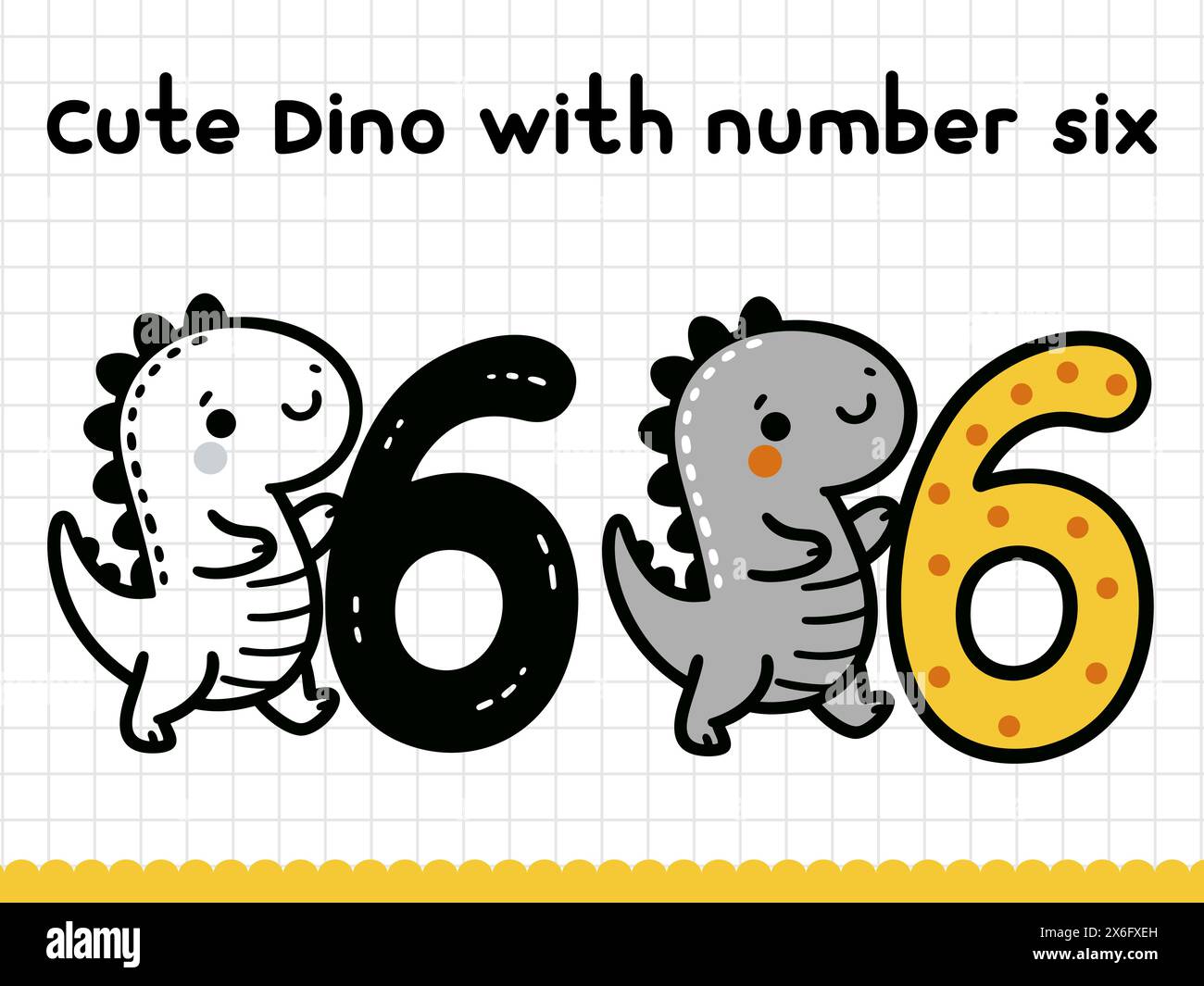 Cute doodle dinosaur with number six for preschoolers. Vector illustration. Stock Vector