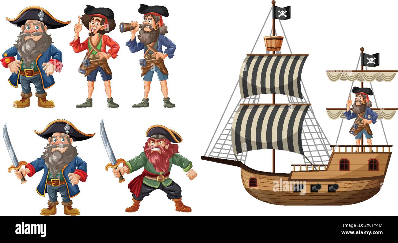 Vector illustration of pirates and their sailing ship Stock Vector ...