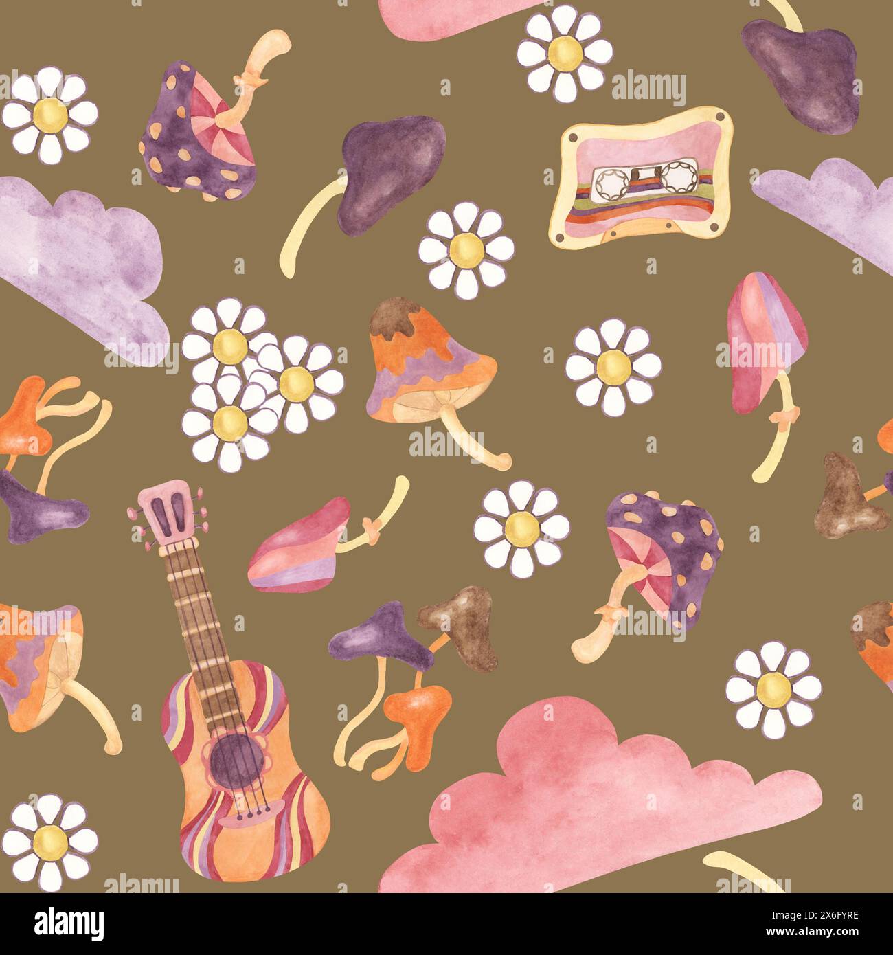 Seamless pattern with retro guitar, tape, clouds and mushrooms in watercolor. Vintage hippie music textile ornament clipart. Hand drawn nostalgic print for clothing, wallpaper, wrapping, scrapbooking Stock Photo