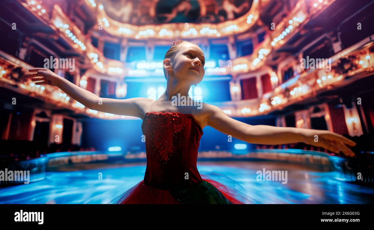 Cute little girl dreaming of becoming a ballerina. Child girl in a red tutu dancing on the stage. Stock Photo