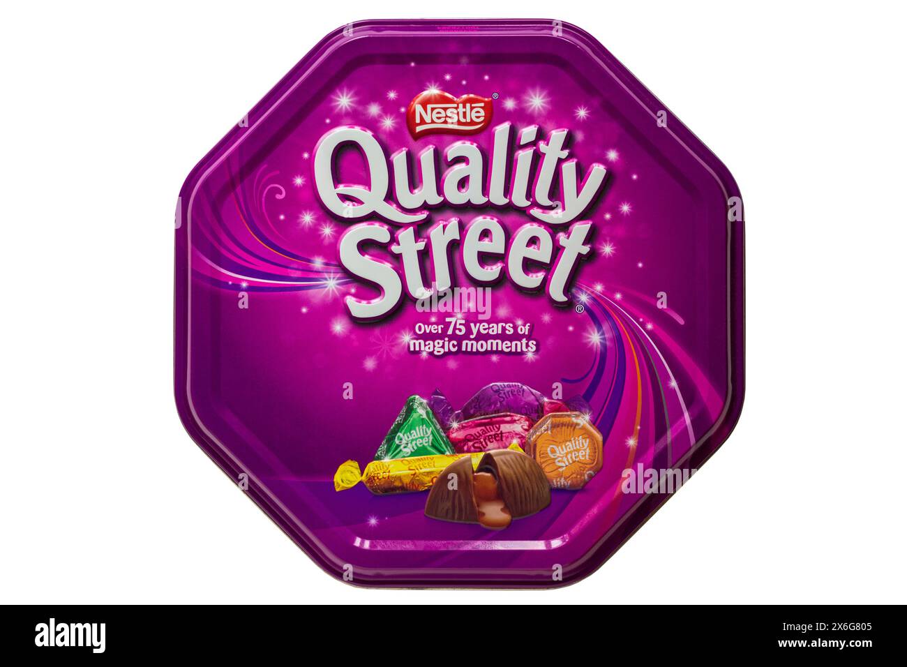 Tin of Nestle Quality Street chocolates sweets metal tin isolated on white background - over 75 years of magic moments Stock Photo