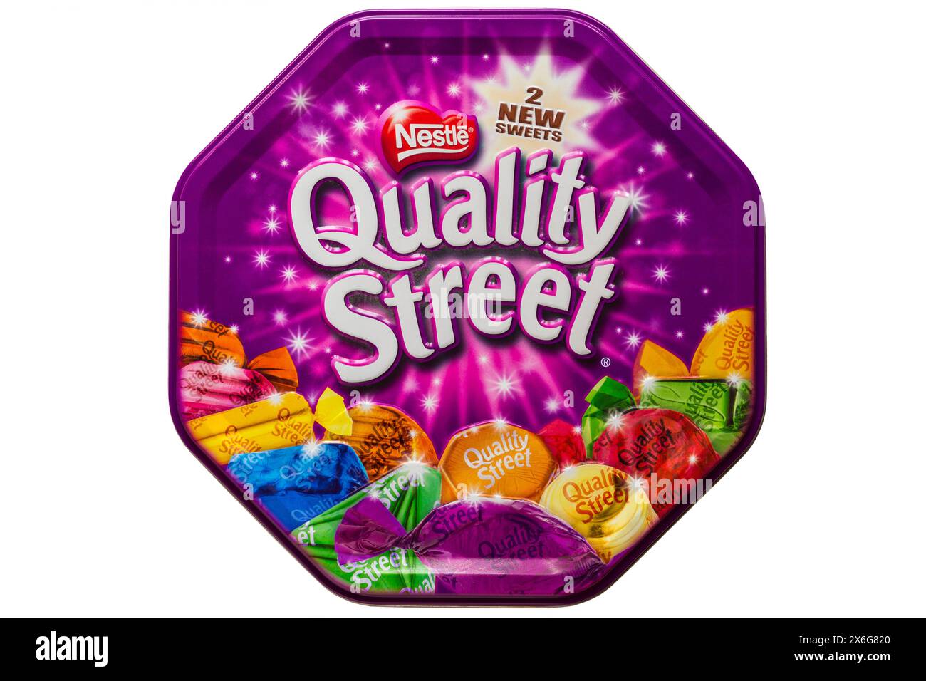 Tin of Nestle Quality Street chocolates sweets metal tin isolated on white background Stock Photo