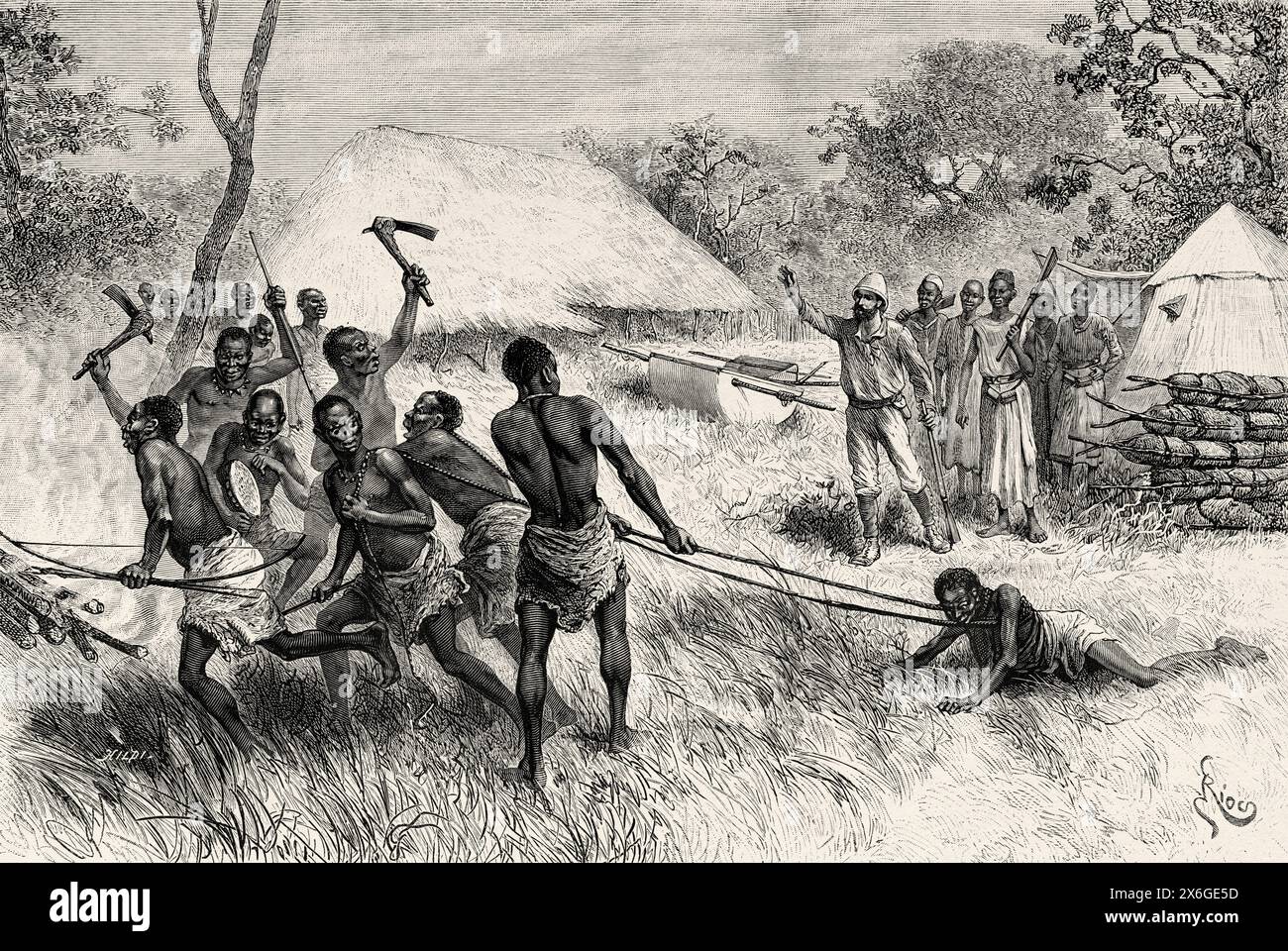 A witch taken to the stake, Tanzania, East Africa. Drawing by Edouard Riou (1833 - 1900) The lakes of equatorial Africa, exploration voyage 1883-1885 by Victor Giraud (1858-1898) Le Tour du Monde 1886 Stock Photo
