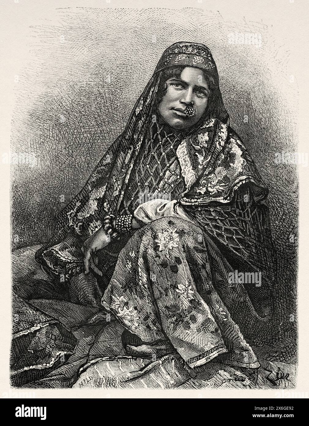 Native woman from Dezful dressed in traditional costume, Iran. Middle East. Drawing by Edouard Zier (1856 - 1924) Persia, Chaldea and Susiana 1881-1882 by Jane Dieulafoy (1851 - 1916) Le Tour du Monde 1886 Stock Photo