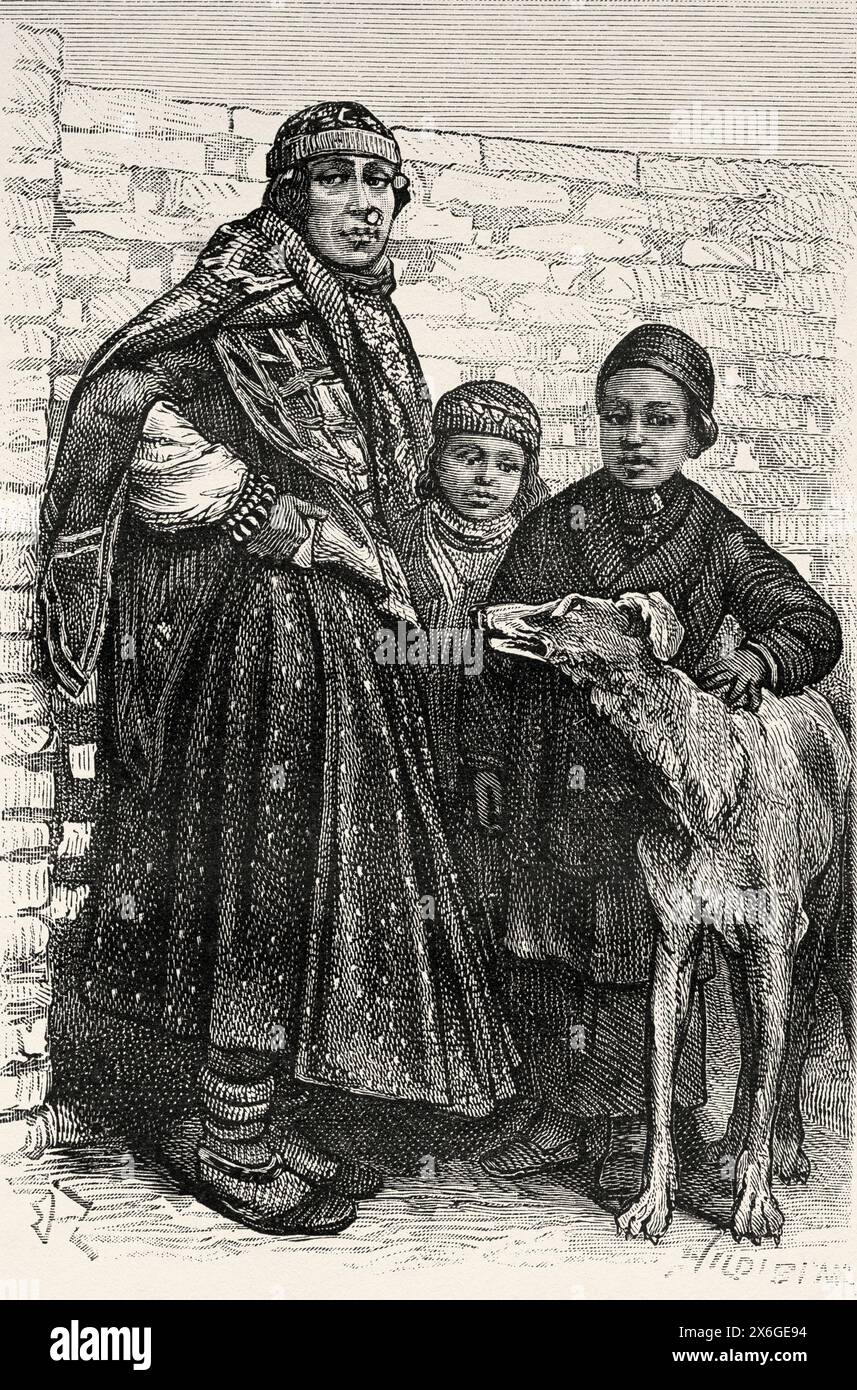 Native family from Dezful dressed in traditional costume, Iran. Middle East. Drawing by Edouard Zier (1856 - 1924) Persia, Chaldea and Susiana 1881-1882 by Jane Dieulafoy (1851 - 1916) Le Tour du Monde 1886 Stock Photo