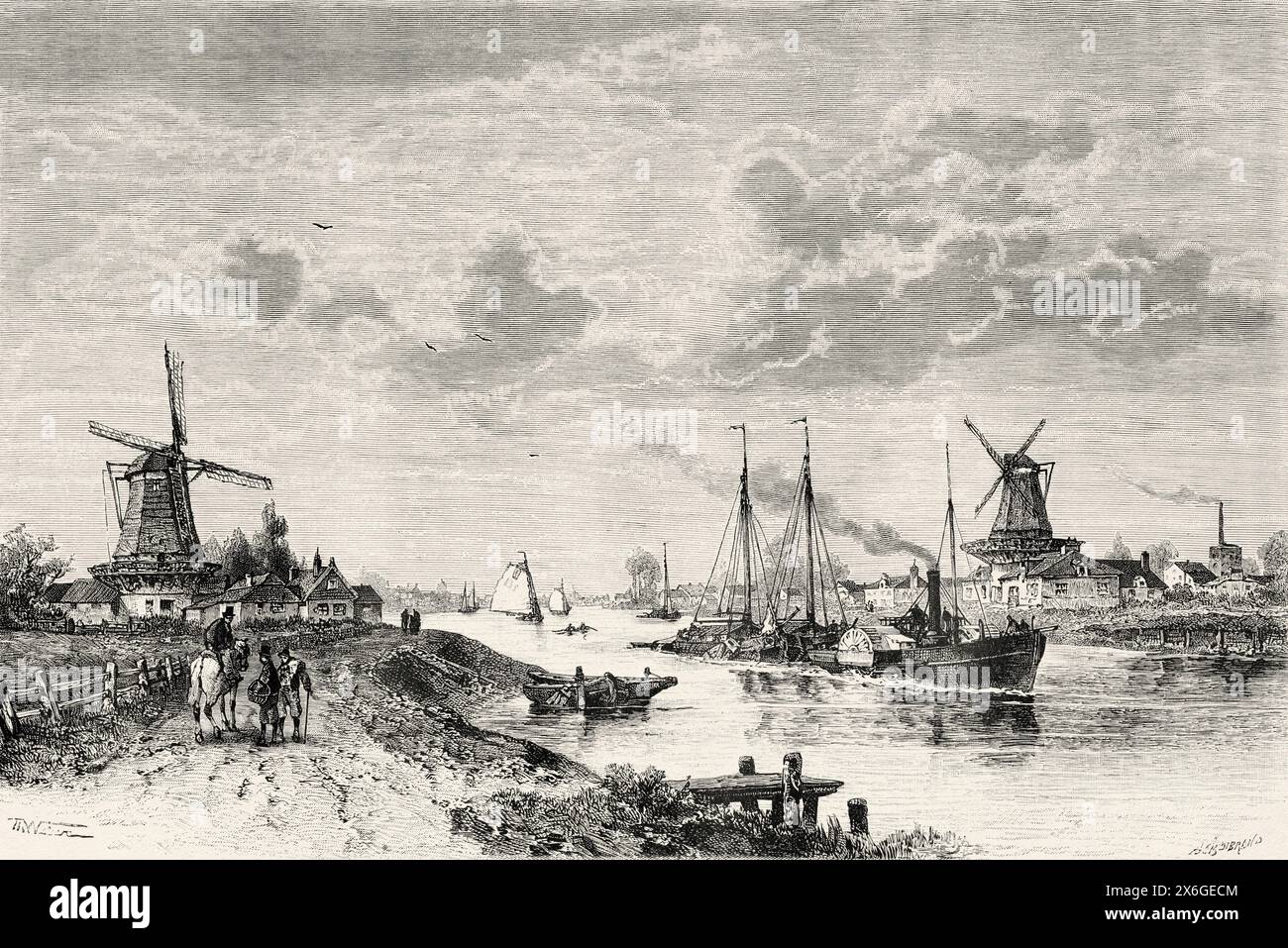 View of a city canal near Drachten, Friesland, The Netherlands, Europe. Friesland, Dutch newspaper De Aarde en Haar volken, 1883. Le Tour du Monde 1886 Stock Photo