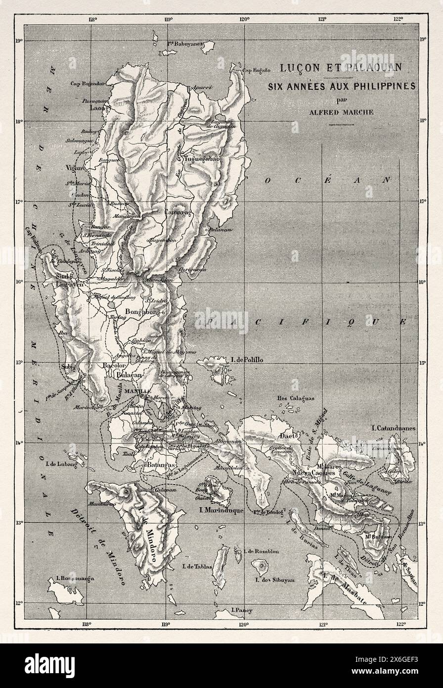 Old Map of the Philippines, South Asia. Luzon and Palawan, six years of travel in the Philippines by Alfred Marche (1844-1898) Le Tour du Monde 1886 Stock Photo