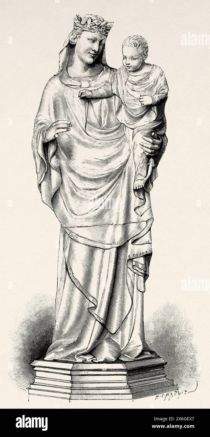 The Virgin with the Child. Nino Pisano marble sculpture, Pisa. Tuscany, Italy. Europe. Drawing by  Chapuis. Travel through Tuscany 1881 by Eugene Muntz (1845 - 1902) Le Tour du Monde 1886 Stock Photo