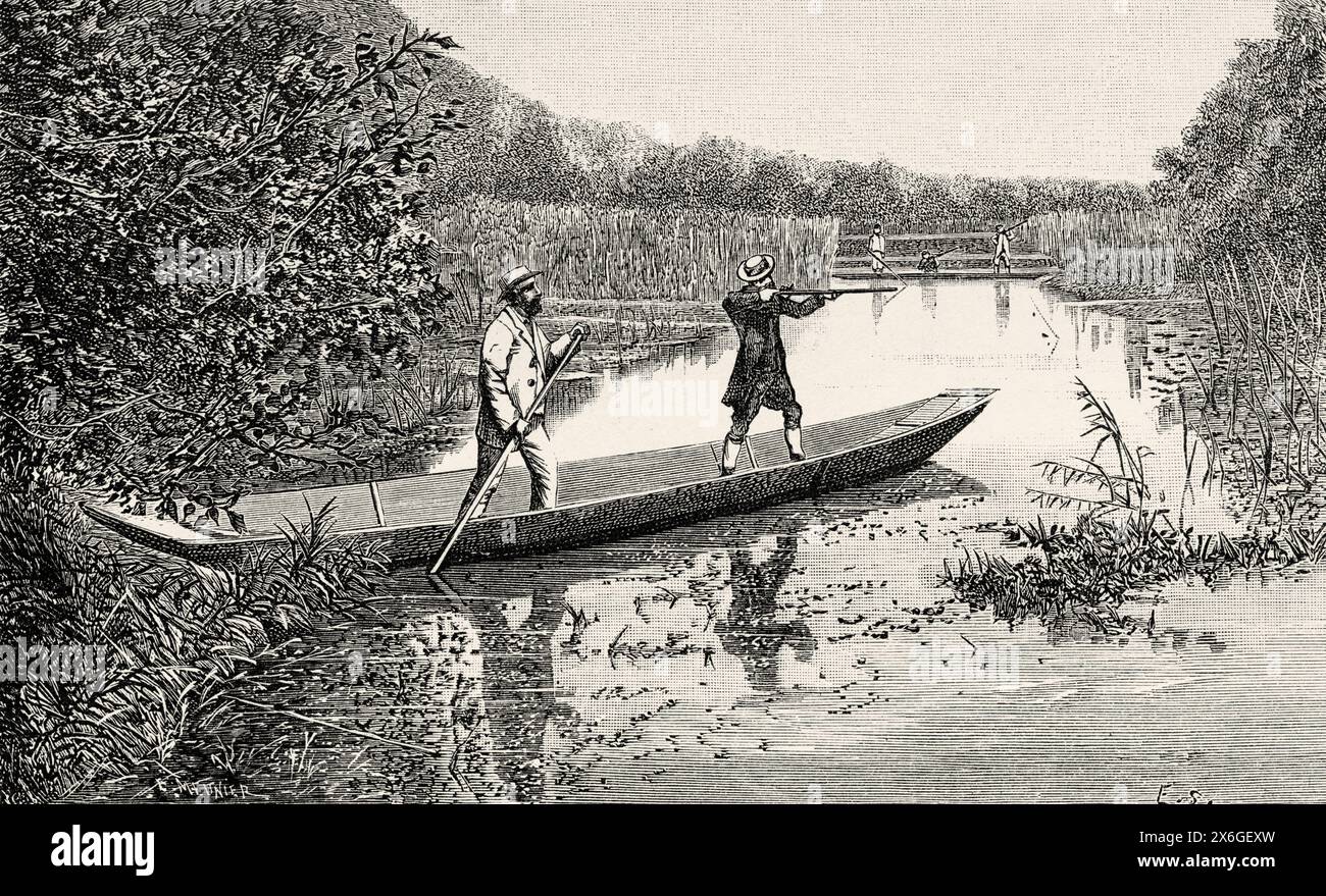 Hunters on the Rhine River Islands, Alsace, France. Drawing by E. Schiffer. Through Alsace and Lorraine, 1884 By Charles Grad (1842 - 1890) Le Tour du Monde 1886 Stock Photo