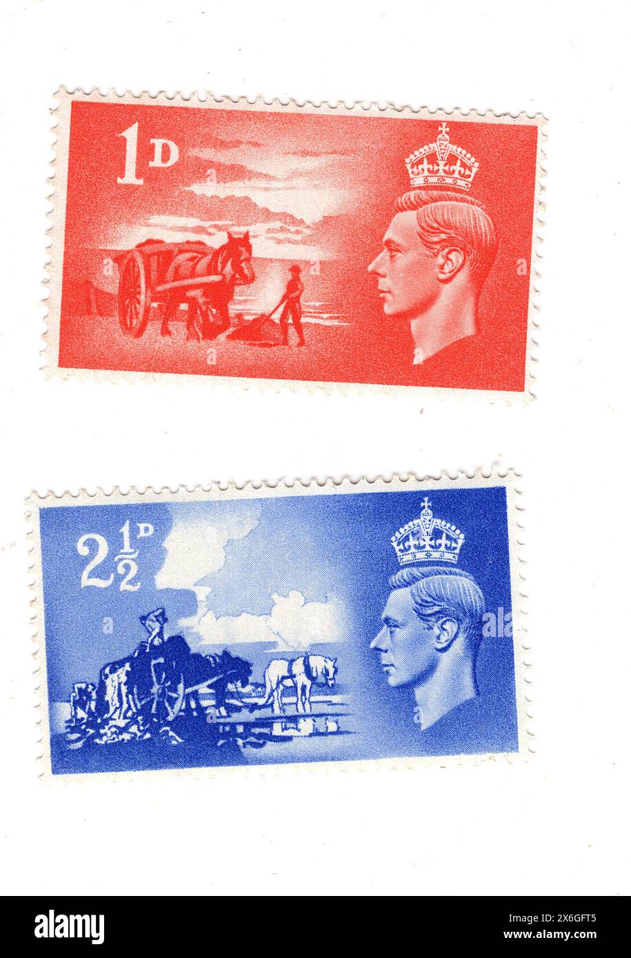 A set of King George VI postage stamps from Great Britain on a white background. Stock Photo