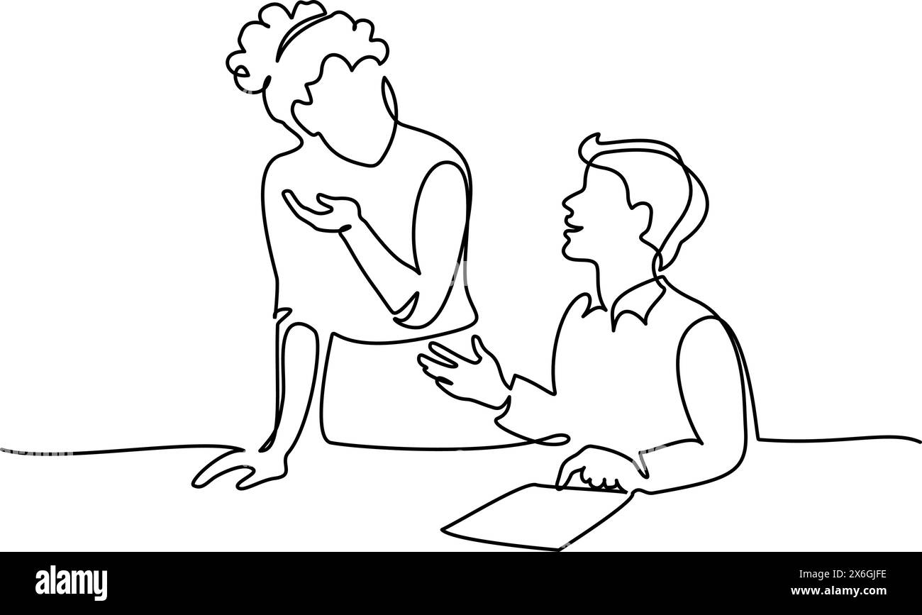 Female teacher explaining a task to a boy student. One line drawing Stock Vector