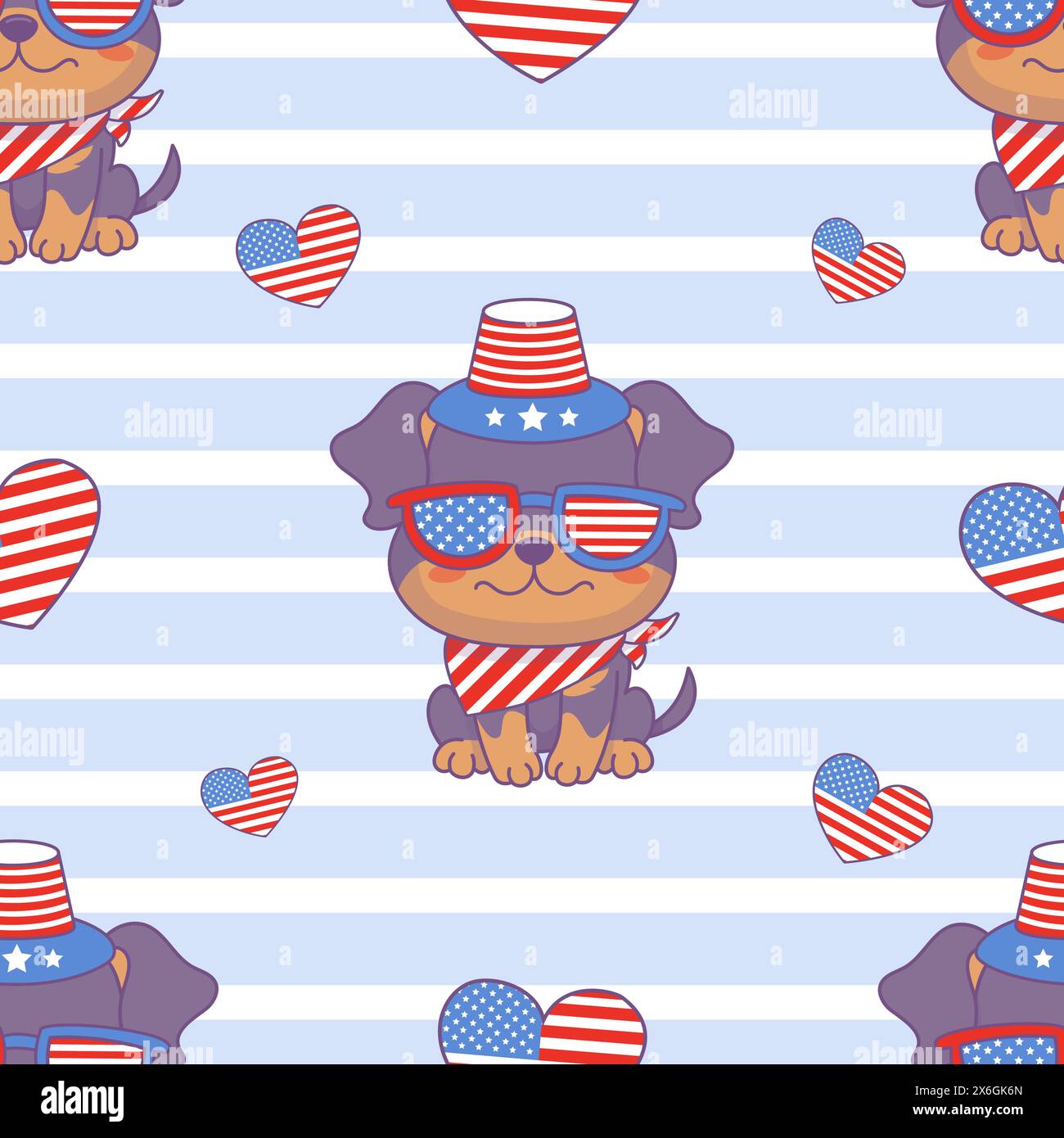 Seamless pattern with patriotic dog Rottweiler in party glasses, hat and neckerchief in colors of American flag on blue and white striped background. Stock Vector