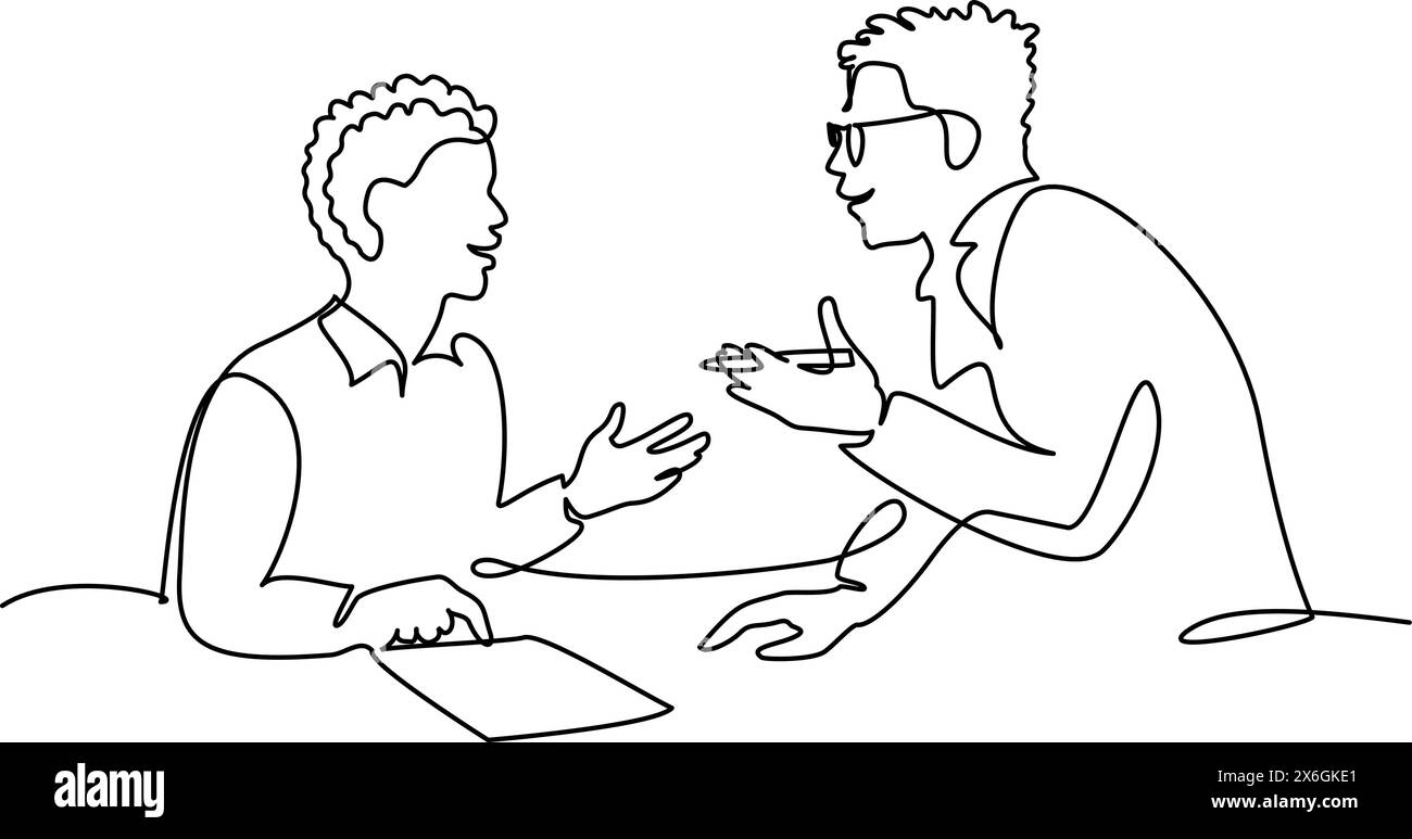 Male teacher explaining a task to a boy student. One line drawing Stock Vector
