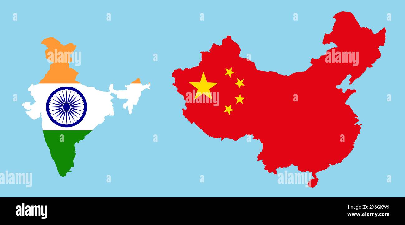 China and India in national flag colors. Map illustration of Asian countries. Stock Photo