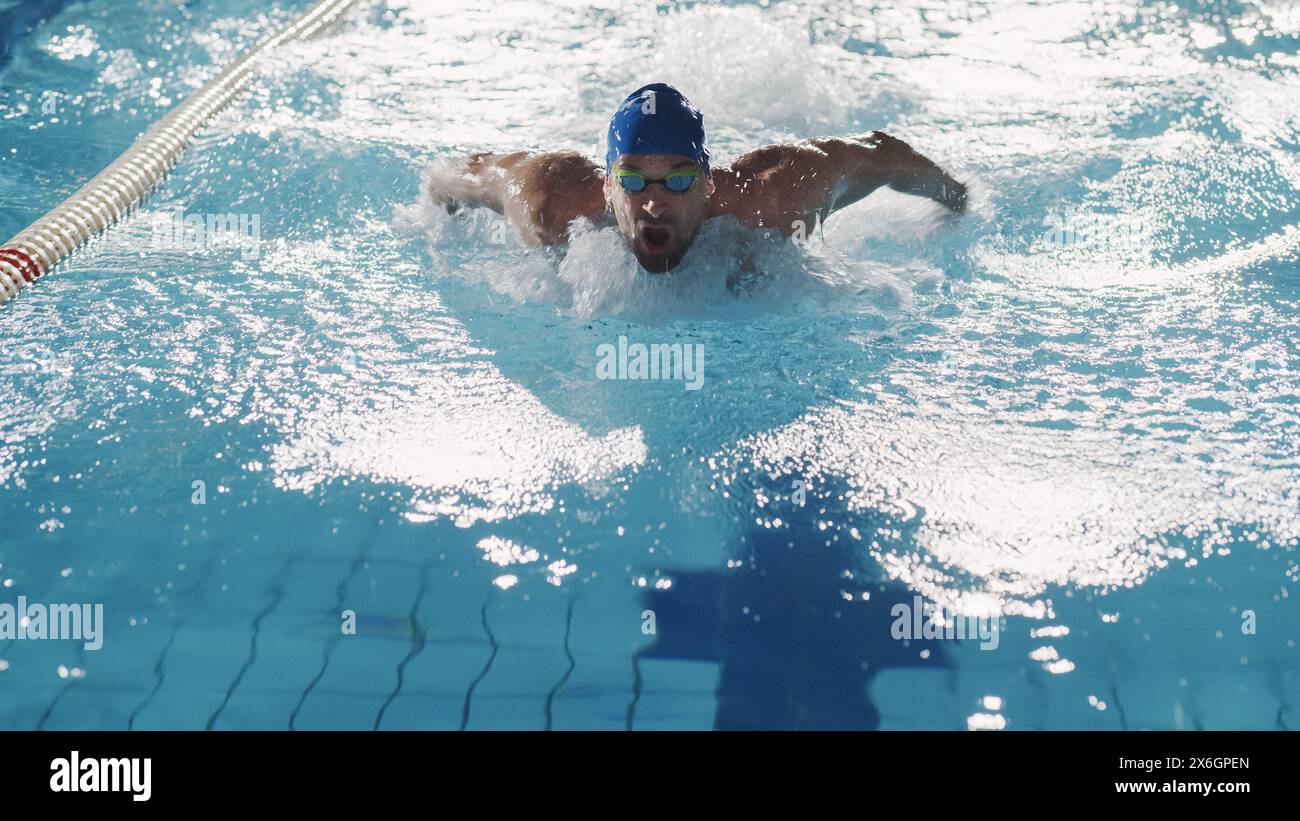 Successful Male Swimmer Racing, Swimming in Swimming Pool. Professional ...
