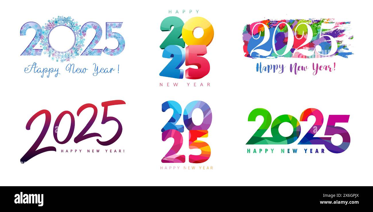 2025 art design colored big set of Happy New Year logo. Numbers 2025 from snowflake, colored stained glass, grunge brushing and 3d creative style icon Stock Vector