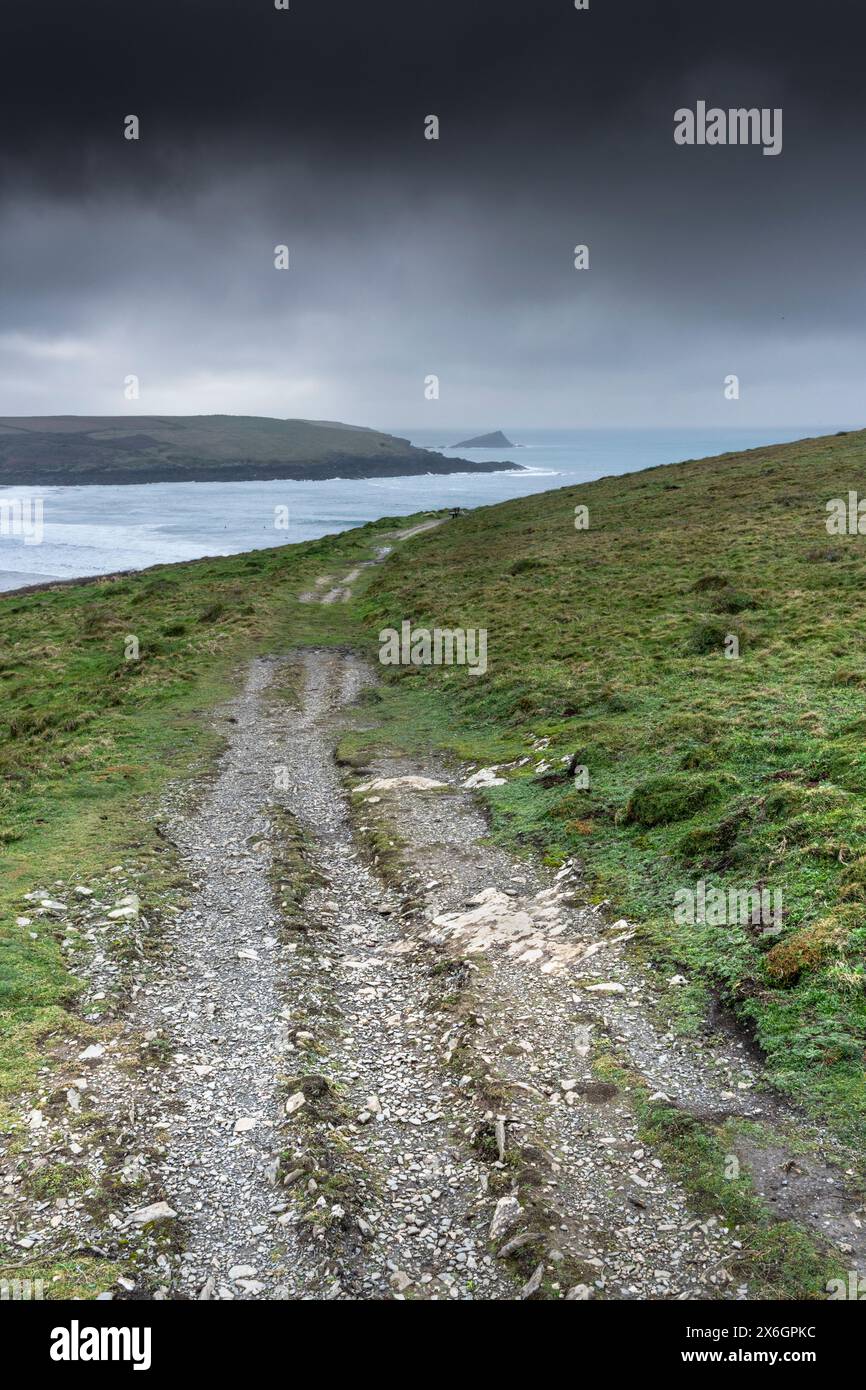 A rough track on the bleak windswept Pentire Point East in Newquay in Cornwall in the UK. Stock Photo