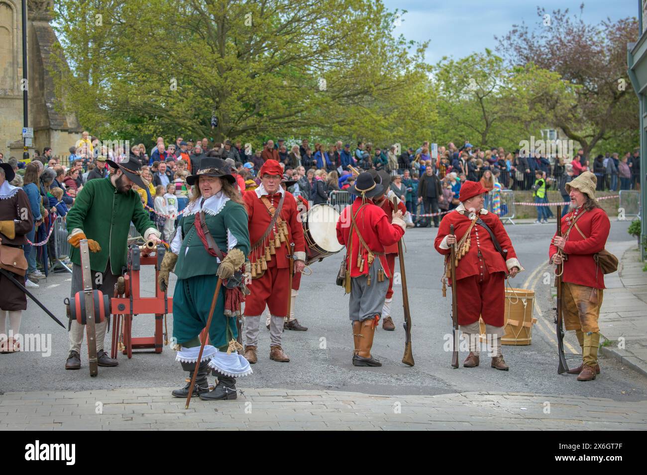 Malmesbury, Wiltshire, England - Sunday 5th May 2024. The 'Colonel Devereuxs Regiment' come to the hillside town of Malmesbury to re-enact the importa Stock Photo