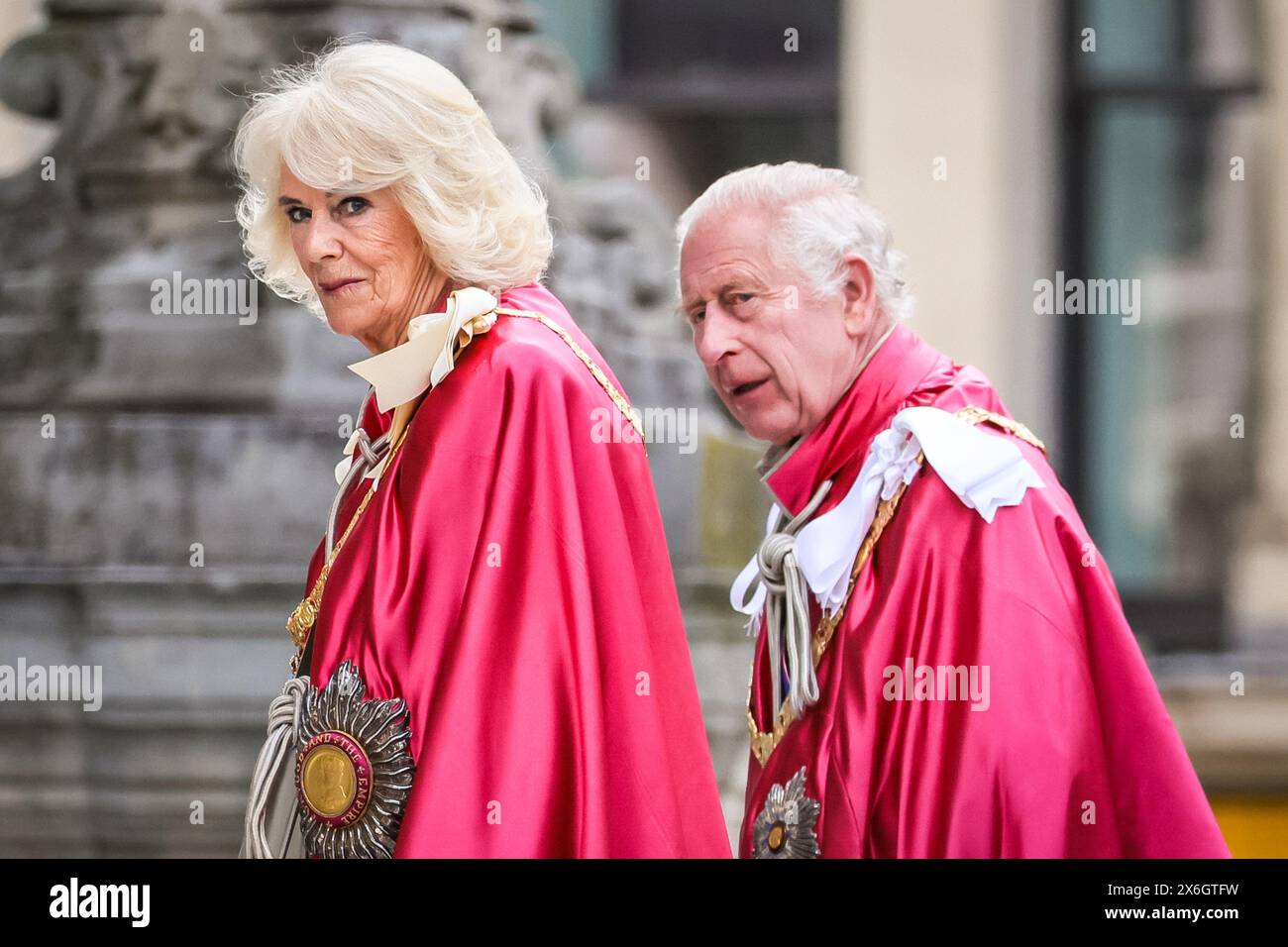 London, UK. 15th May, 2024. The king and queen arrive in their ceremonial robes. Their Majesties King Charles III and Queen Camilla attend a Service of Dedication for the Order of the British Empire at St Paul's Cathedral in London today. The ceremonial service is attended by holders of the Orders awards, as well as many others. Credit: Imageplotter/Alamy Live News Stock Photo