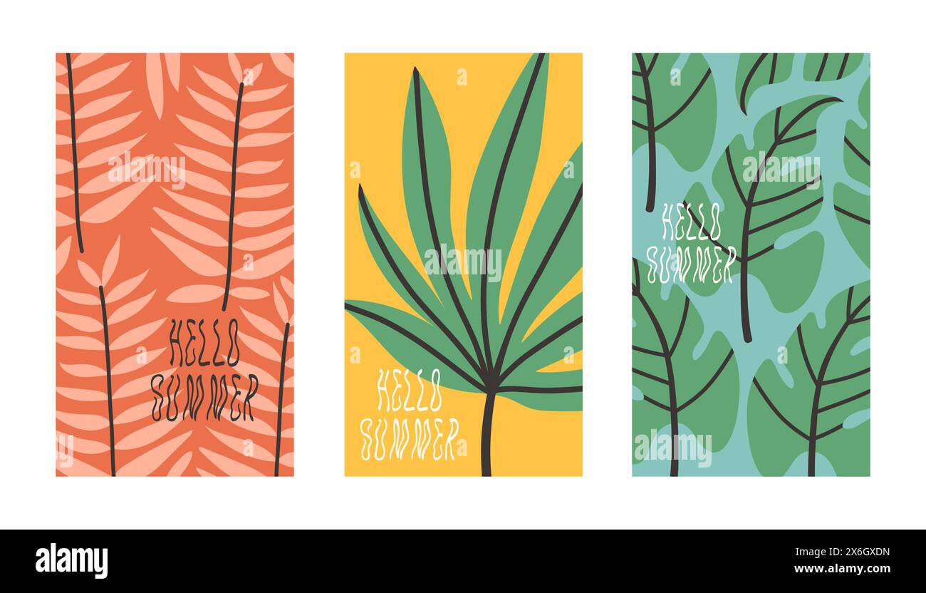 Hello summer poster set with tropical leaves in flat style. Art for ...