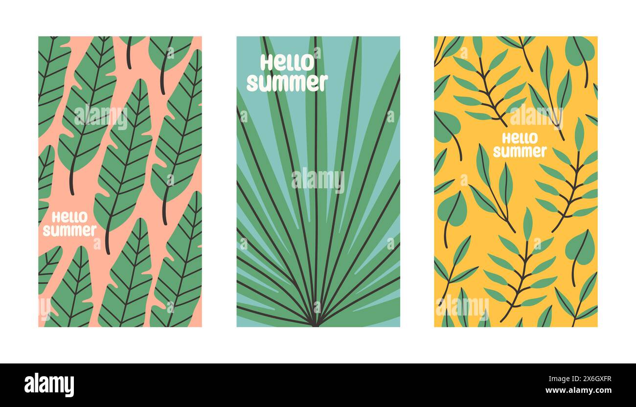 Hello summer poster set with tropical leaves in flat style. Art for ...