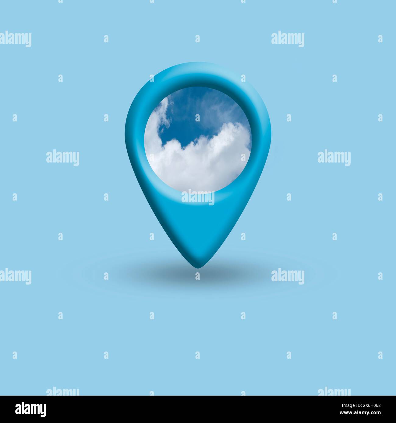 Map pin location button with clouds on blue, map pointer navigation ...